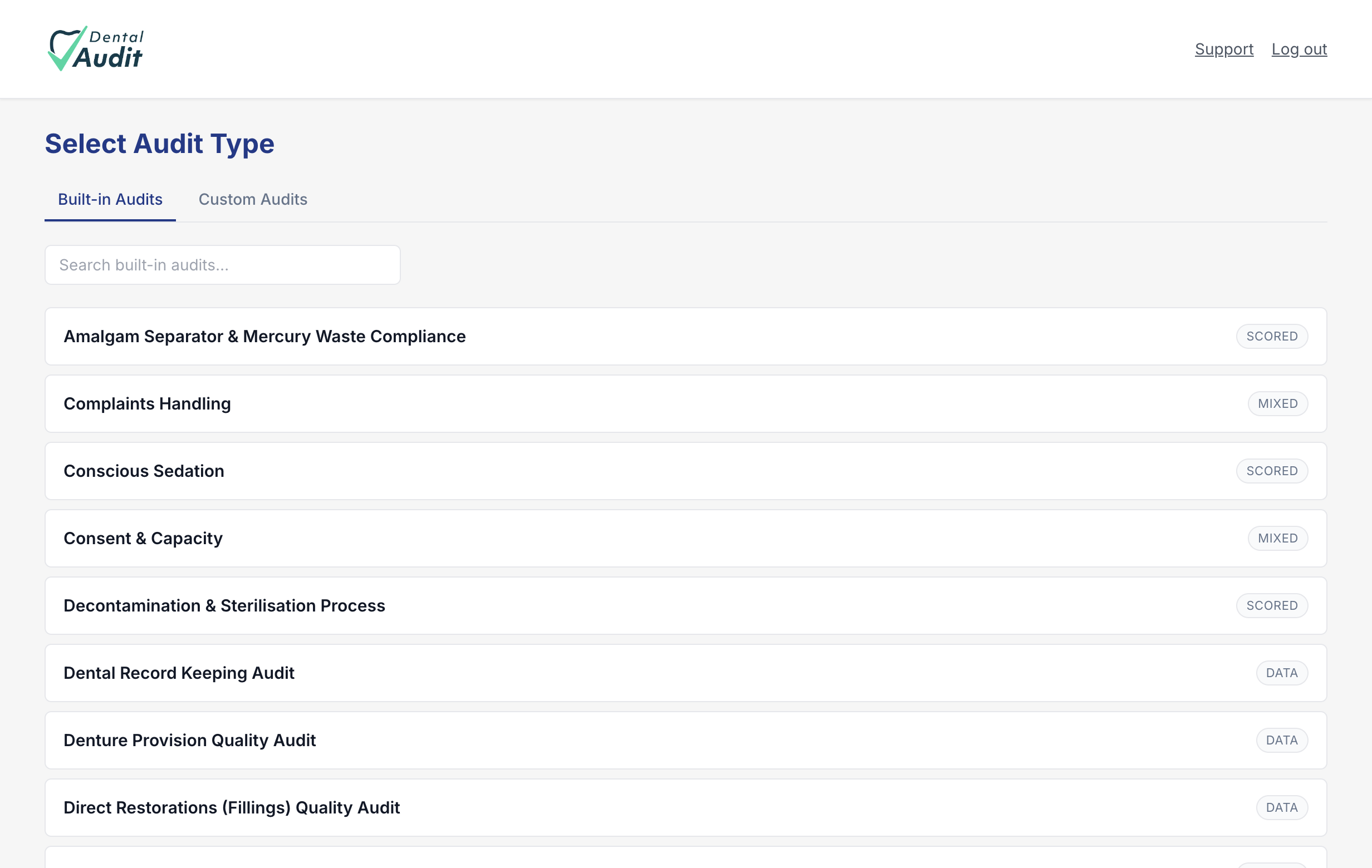 The Select Audit Type screen showing built-in audits list