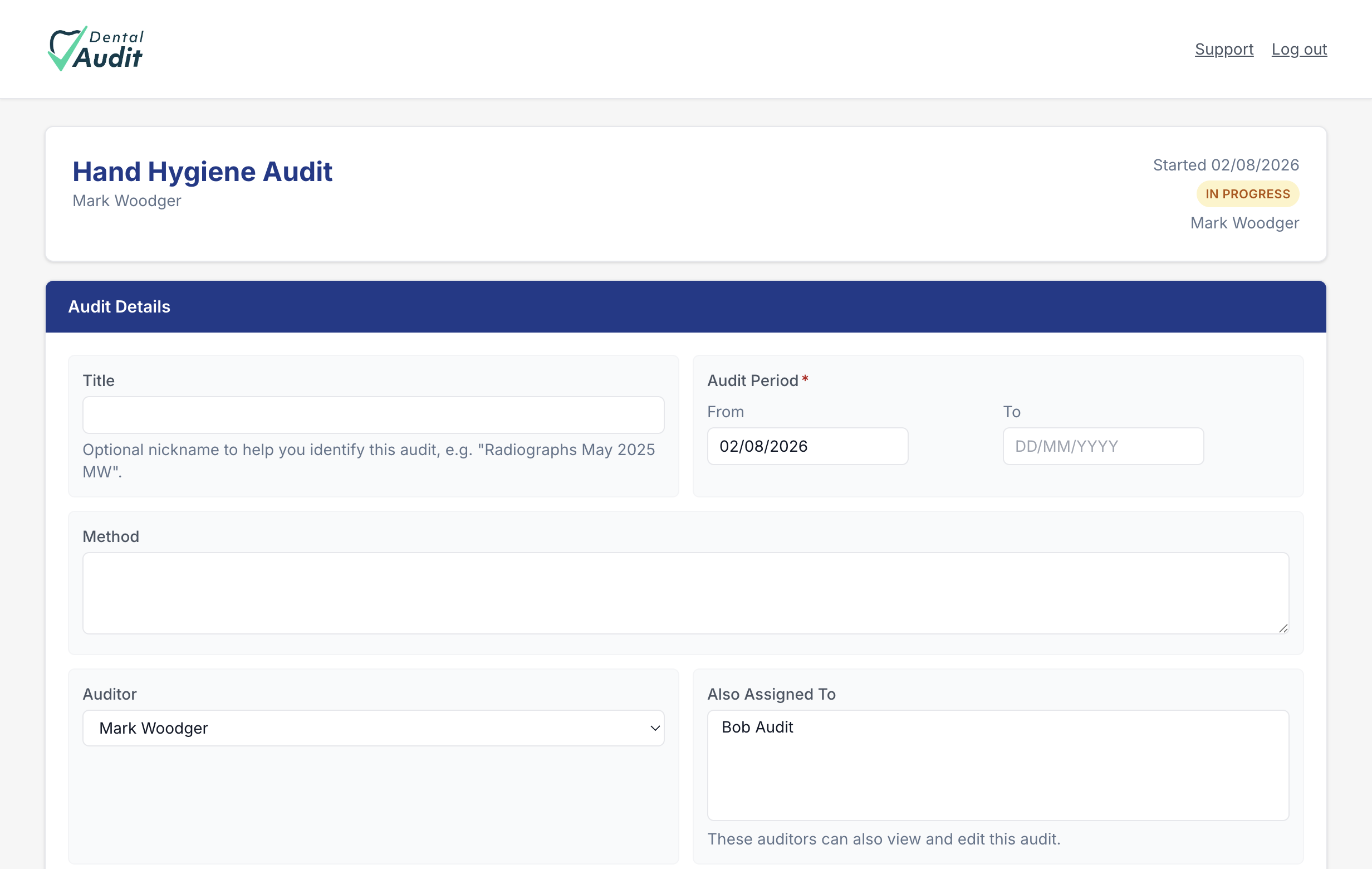The audit details form showing title, period, method and auditor fields