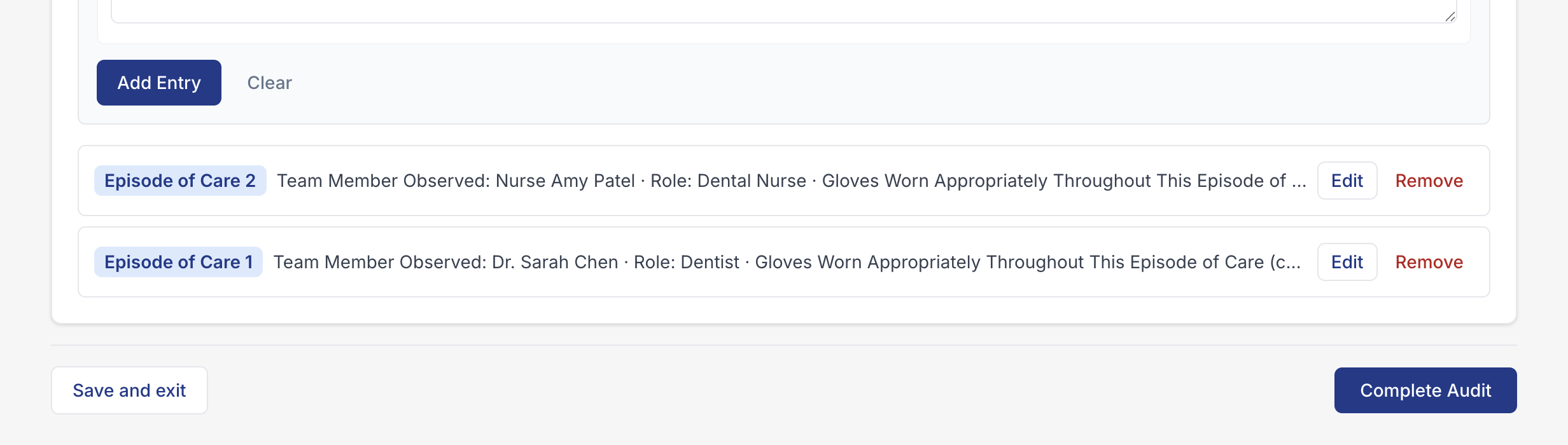 Both episodes saved with the Complete Audit button visible