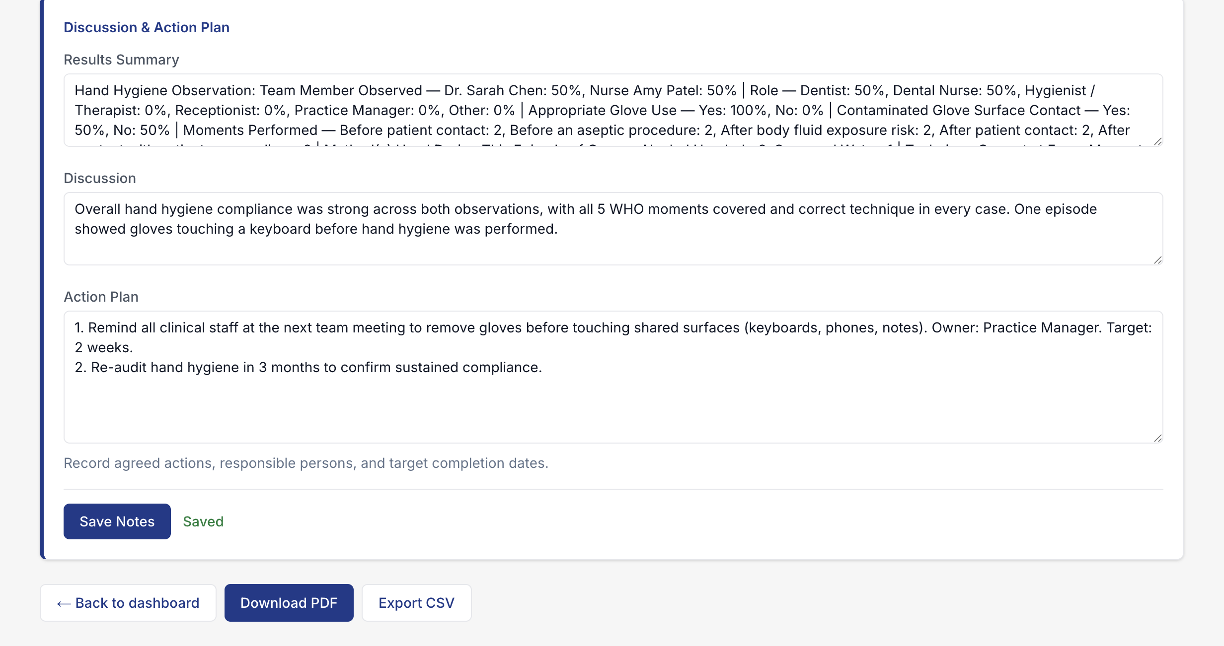The discussion and action plan panel with an auto-generated results summary