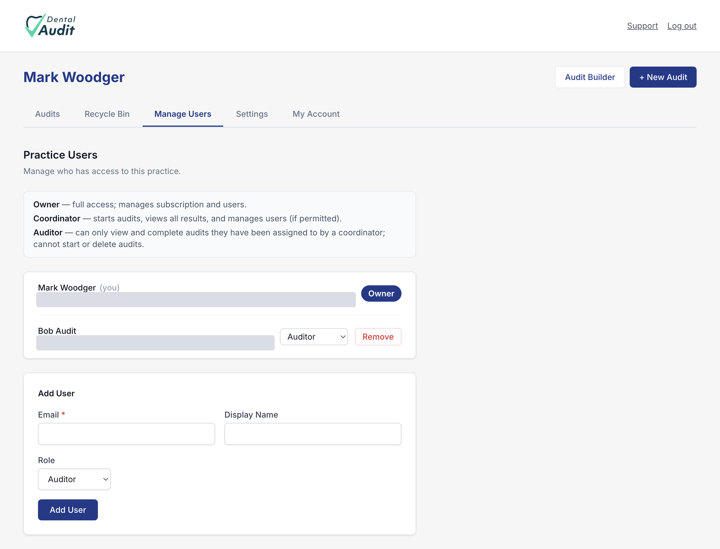 The Manage Users screen showing role descriptions, the current owner, and the Add User form