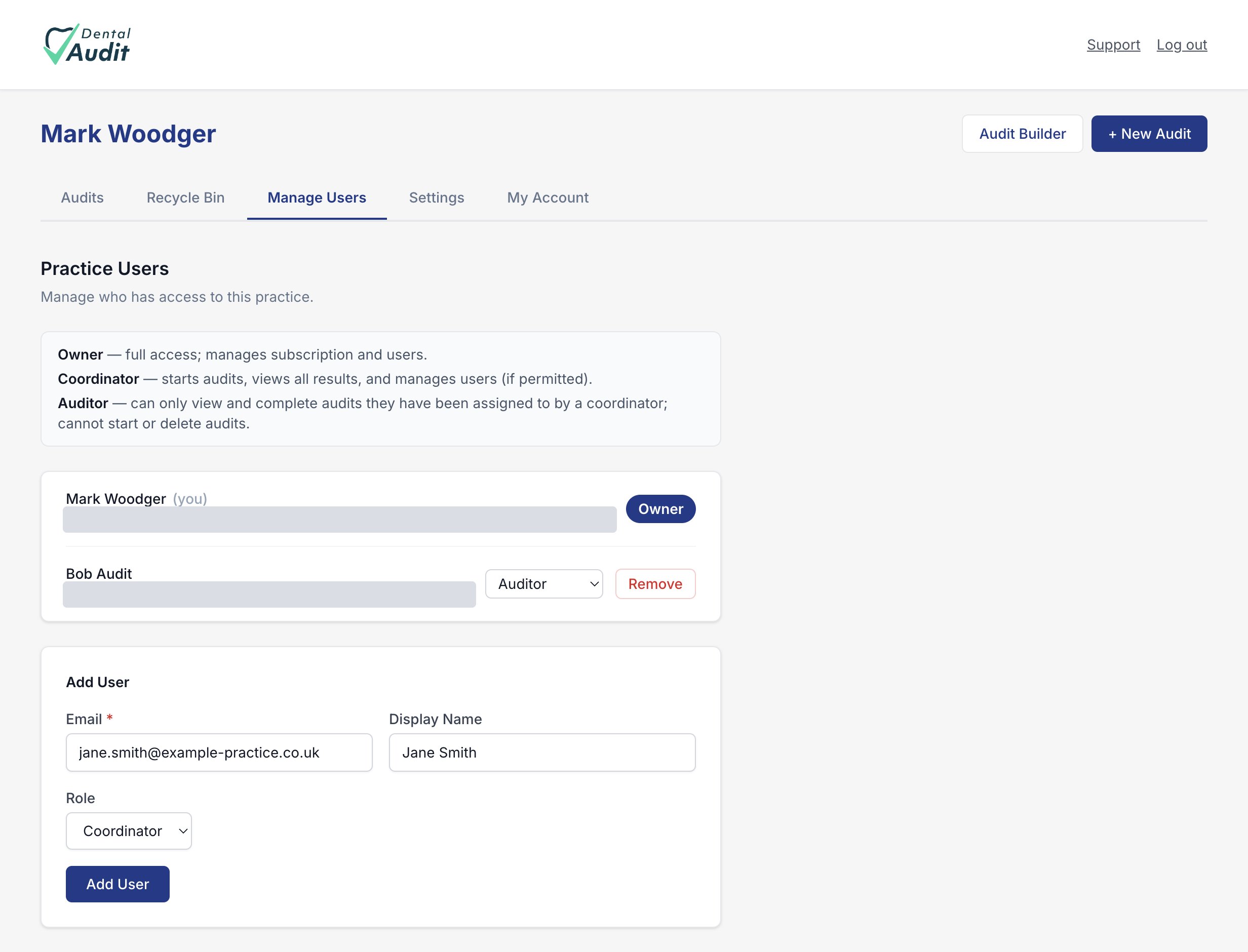 The Add User form filled in with an email, display name, and Coordinator role selected