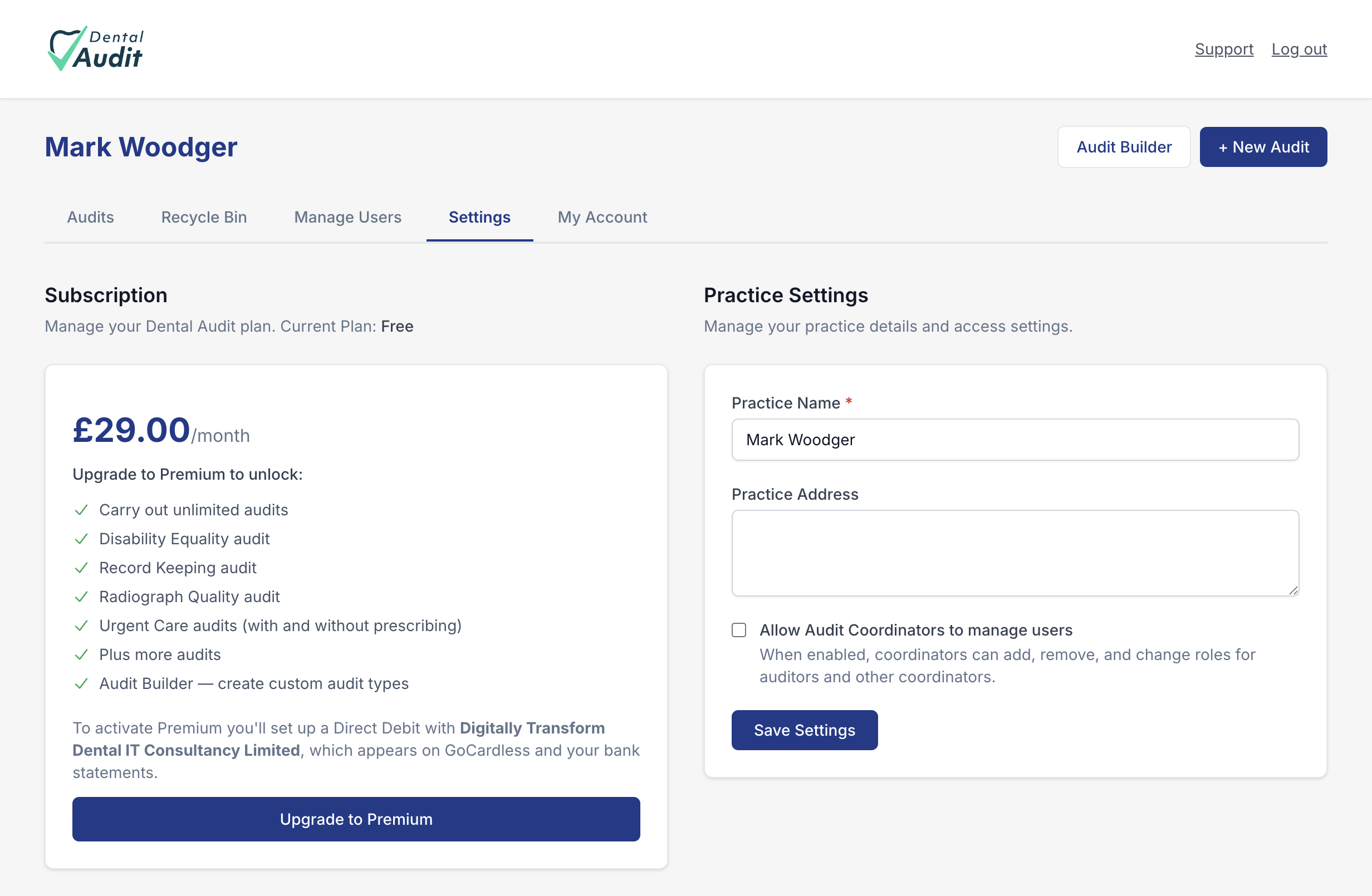 The Settings page showing the Free plan, a list of Premium features, and the Upgrade to Premium button