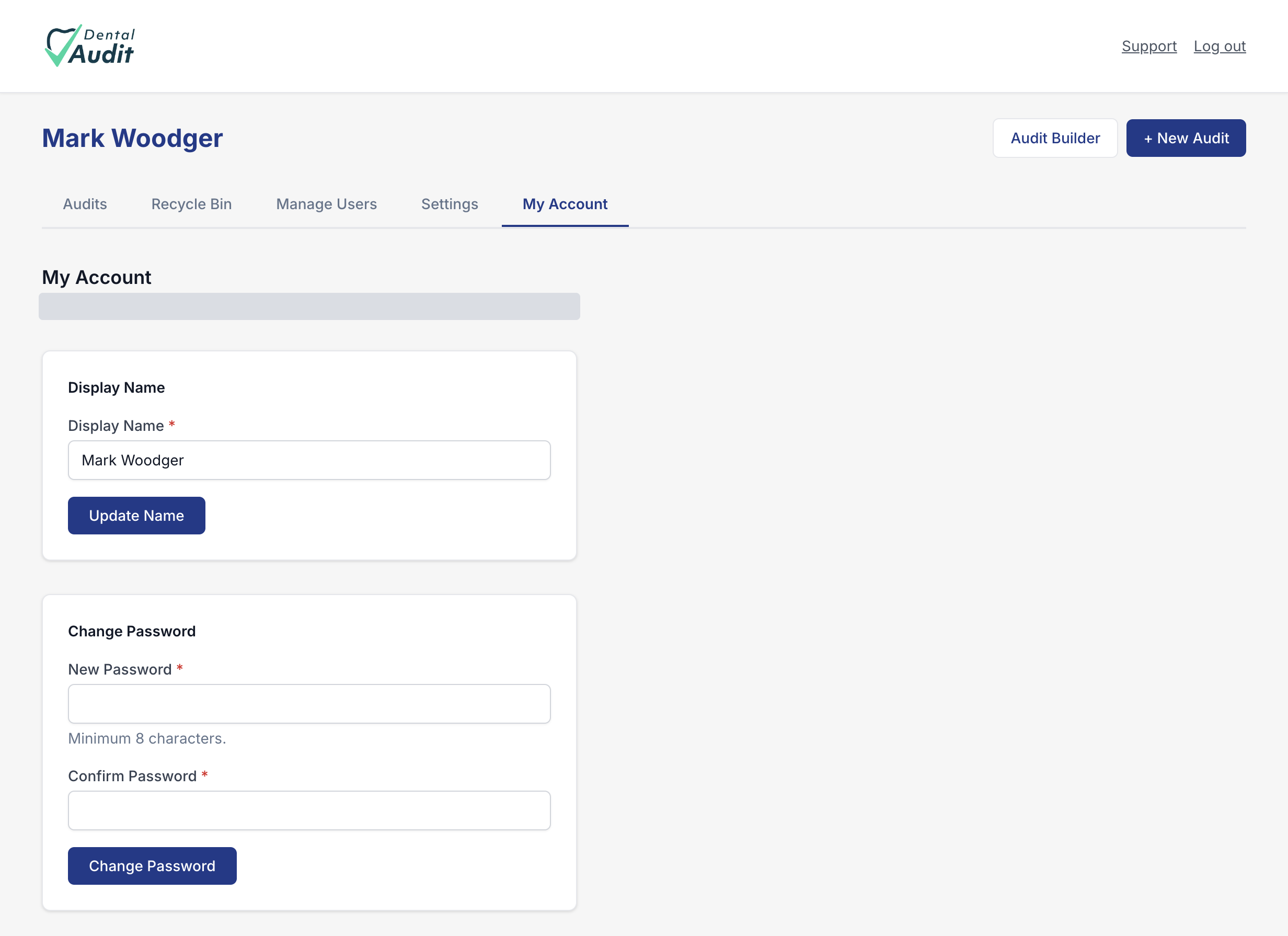 The My Account page showing the Display Name form and the Change Password form