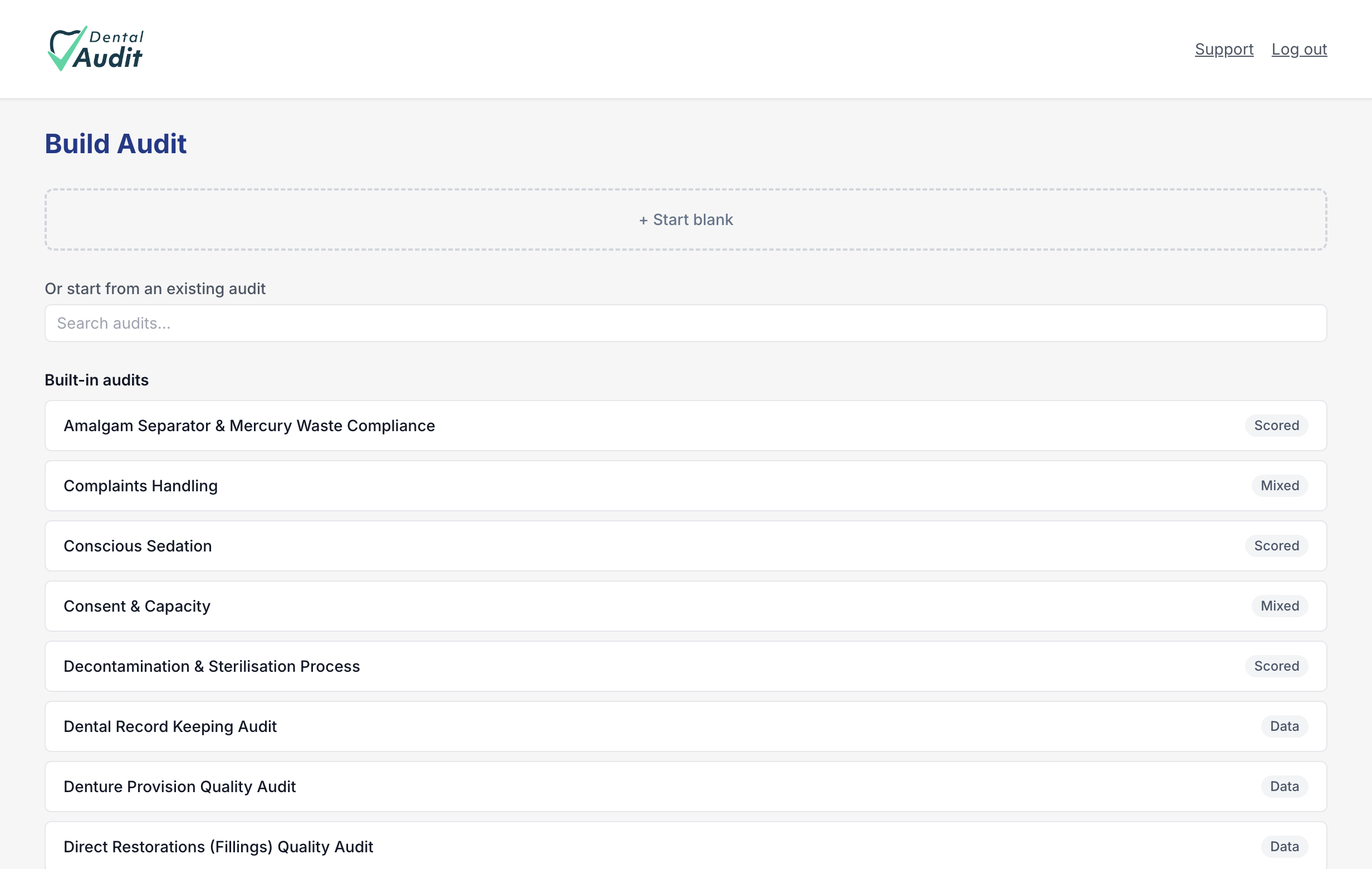 The Build Audit screen showing Start blank and a searchable list of built-in audits to start from