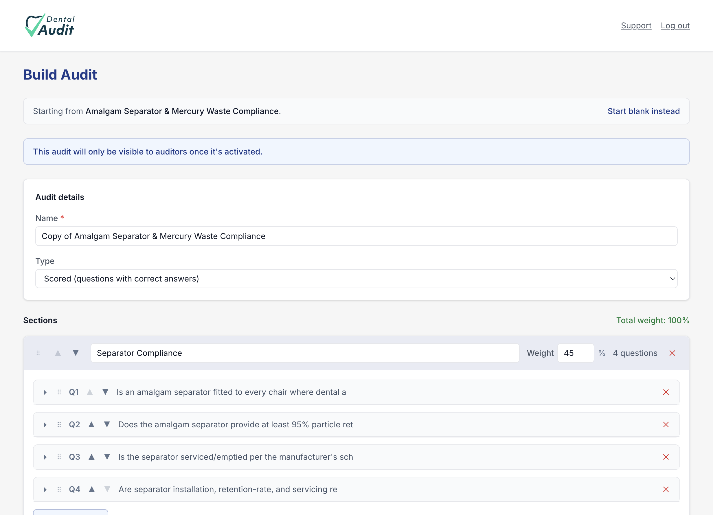 A cloned audit pre-filled with the original's name and sections, ready to customise