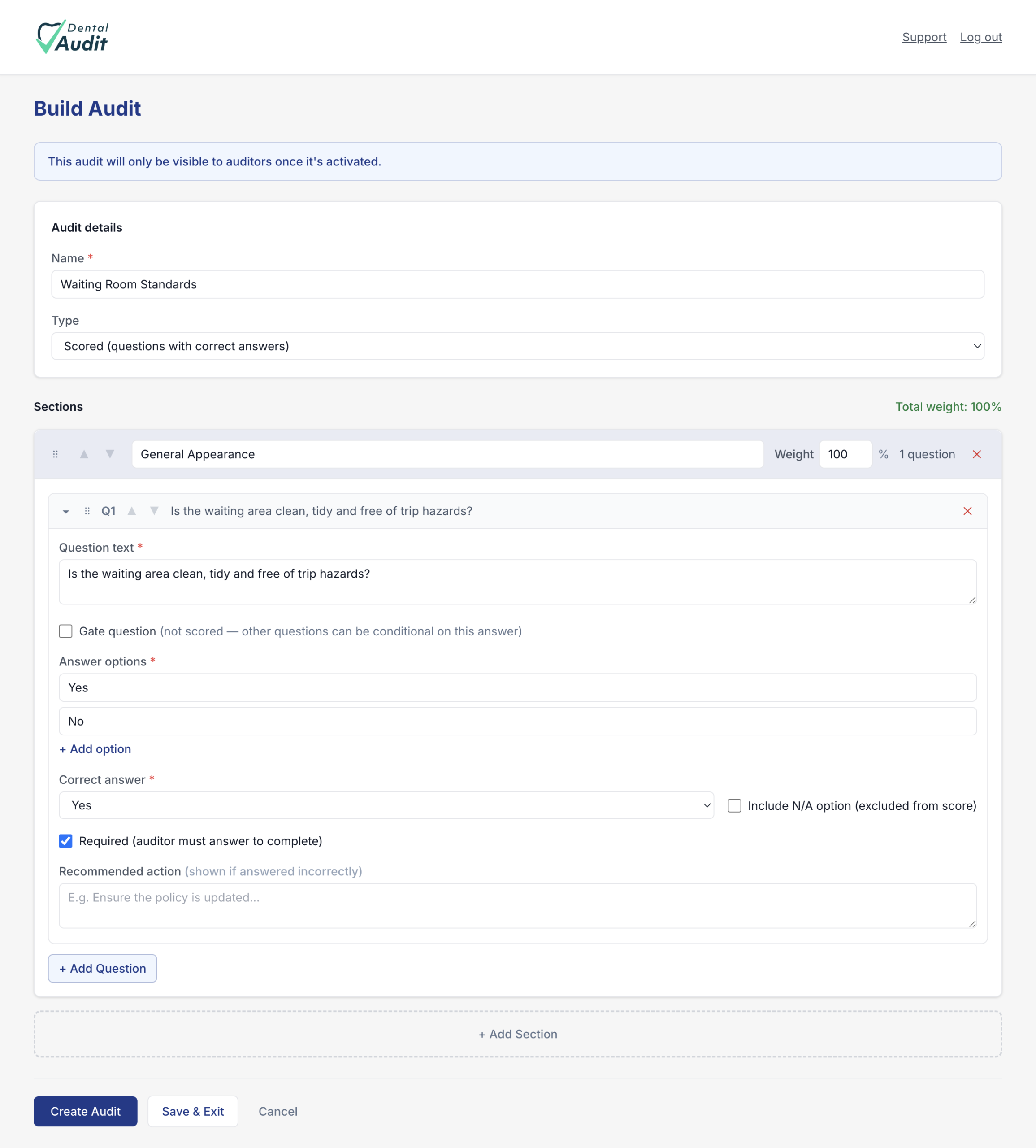 A question editor showing answer options, correct answer, gate question, required, and recommended action fields